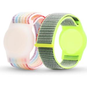 Airtag Wristband Kids(2 Pack), Nylon Air tag Bracelet for Kids Compatible with Apple Air tag, Air tags Protective Cover with Strap Holder Lightweight Elastic Watch Band for Elders(Black & Blue)(Rainbow/yellow)