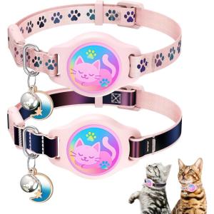Cat Collar with Airtag Holder, 2 Pack Waterproof Breakaway Kitten Collar for Apple AirTag GPS Tracker, Adjustable Cat Collar with Buckle, Bell & Reflective Pattern for Cats, Kittens, Black (8-11″)(Pink)