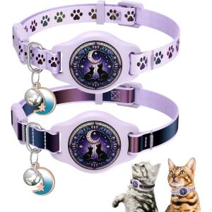 Cat Collar with Airtag Holder, 2 Pack Waterproof Breakaway Kitten Collar for Apple AirTag GPS Tracker, Adjustable Cat Collar with Buckle, Bell & Reflective Pattern for Cats, Kittens, Black (8-11″)(Purple)