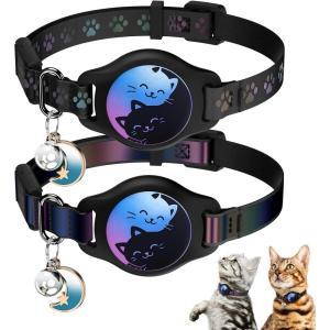Cat Collar with Airtag Holder, 2 Pack Waterproof Breakaway Kitten Collar for Apple AirTag GPS Tracker, Adjustable Cat Collar with Buckle, Bell & Reflective Pattern for Cats, Kittens, Black (8-11″)(Black)