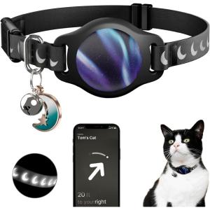 Cat Collar with Airtag Holder, Breakaway Airtag Cat Collar for Apple Air Tag with Luminous & Reflective Pattern, Waterproof GPS Cat Tracker Collars for Boy Girl Cats Kittens with Bell, Black (8-12″)(Black)