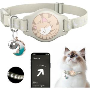 Cat Collar with Airtag Holder, Breakaway Airtag Cat Collar for Apple Air Tag with Luminous & Reflective Pattern, Waterproof GPS Cat Tracker Collars for Boy Girl Cats Kittens with Bell, Black (8-12″)(Khaki)