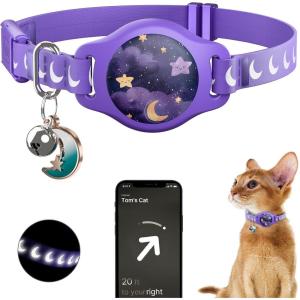 Cat Collar with Airtag Holder, Breakaway Airtag Cat Collar for Apple Air Tag with Luminous & Reflective Pattern, Waterproof GPS Cat Tracker Collars for Boy Girl Cats Kittens with Bell, Black (8-12″)(Purple)