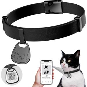 Cat Collar with QR Code Name Tag, Breakaway Kitten Collar for Boy & Girl Cats, Ultra Soft Elastic Adjustable Band, Safety Break Away Buckle, Comfortable & Secure Pet ID Collar (6″-12″), Khaki(Black)
