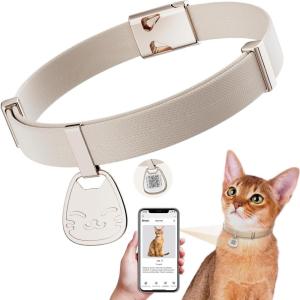 Cat Collar with QR Code Name Tag, Breakaway Kitten Collar for Boy & Girl Cats, Ultra Soft Elastic Adjustable Band, Safety Break Away Buckle, Comfortable & Secure Pet ID Collar (6″-12″), Khaki(Khaki)