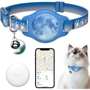 Cat Tracker Collar 8-12″ Waterproof Airtag Cat Collar with Finder Tag, Compatible with Apple Find My, Breakaway Tractive with Reflective Pattern & Bell (Starry Meow)(Starry Meow)