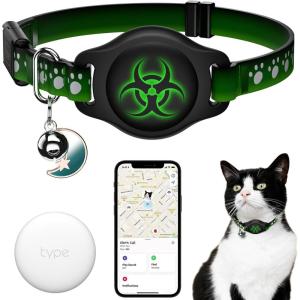 Cat Tracker Collar 8-12″ Waterproof Airtag Cat Collar with Finder Tag, Compatible with Apple Find My, Breakaway Tractive with Reflective Pattern & Bell (Starry Meow)(BioClaw)