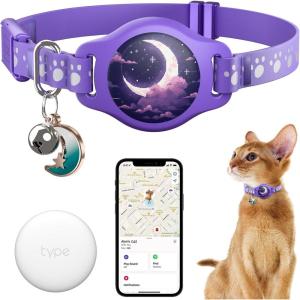 Cat Tracker Collar Waterproof Airtag Cat Collar with Finder Tag (iOS ONLY Not for Android Devices), Compatible with Apple Find My, Breakaway Tractive with Reflective Pattern & Bell, Black, 8-12″(Purple)