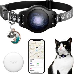 Cat Tracker Collar Waterproof Airtag Cat Collar with Finder Tag (iOS ONLY Not for Android Devices), Compatible with Apple Find My, Breakaway Tractive with Reflective Pattern & Bell, Black, 8-12″(Black)