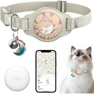 Cat Tracker Collar Waterproof Airtag Cat Collar with Finder Tag (iOS ONLY Not for Android Devices), Compatible with Apple Find My, Breakaway Tractive with Reflective Pattern & Bell, Black, 8-12″(Khaki)
