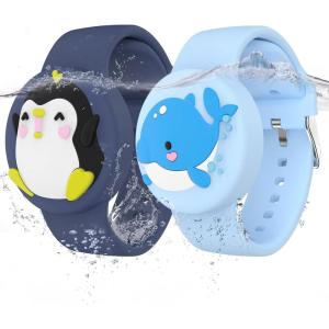 Waterproof Air tag Bracelets for Kids (2 Pack) – Soft Silicone Hidden Air tag Wristband – Lightweight GPS Tracker Holder Compatible with Apple Airtag Band for Child (Penguin/Donut)(Penguin & Whale)
