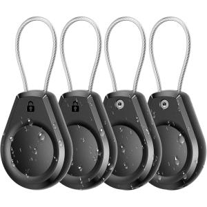 Waterproof AirTag Keychain Holder – (4 Pack) Air tag Lock Case with Wire Cable Compatible with Apple AirTags, Ultra Durable Anti-Lost Protective Case with Keyring for Luggage, Key, Backpack, Black(Black (4 Pack))