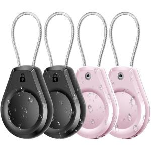 Waterproof AirTag Keychain Holder – (4 Pack) Air tag Lock Case with Wire Cable Compatible with Apple AirTags, Ultra Durable Anti-Lost Protective Case with Keyring for Luggage, Key, Backpack, Black(Black/Pink(4 Pack))