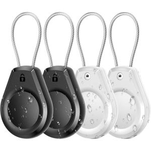 Waterproof AirTag Keychain Holder – (4 Pack) Air tag Lock Case with Wire Cable Compatible with Apple AirTags, Ultra Durable Anti-Lost Protective Case with Keyring for Luggage, Key, Backpack, Black(Black/White(4 Pack))