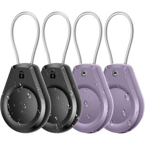 Waterproof AirTag Keychain Holder – (4 Pack) Air tag Lock Case with Wire Cable Compatible with Apple AirTags, Ultra Durable Anti-Lost Protective Case with Keyring for Luggage, Key, Backpack, Black(Black/Violet(4 Pack))