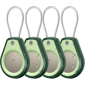 Waterproof AirTag Keychain Holder – (4 Pack) Air tag Lock Case with Wire Cable Compatible with Apple AirTags, Ultra Durable Anti-Lost Protective Case with Keyring for Luggage, Key, Backpack, Black(Avocado)