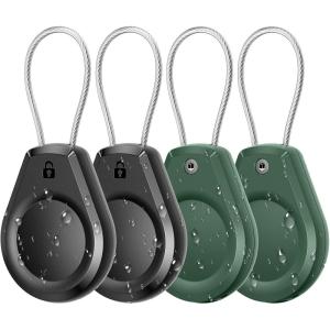Waterproof AirTag Keychain Holder – (4 Pack) Air tag Lock Case with Wire Cable Compatible with Apple AirTags, Ultra Durable Anti-Lost Protective Case with Keyring for Luggage, Key, Backpack, Black(Black/Green(4 Pack))