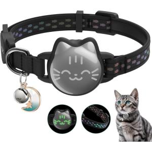 Waterproof Airtag Cat Collar, Breakaway Cat Airtag Collar with Luminous & Reflective Fish Pattern, Lightweight Kitten Collars for Apple Air tag, Hidden GPS Tracker Holder for Cats, Kittens(9-13″)(Classic Black)