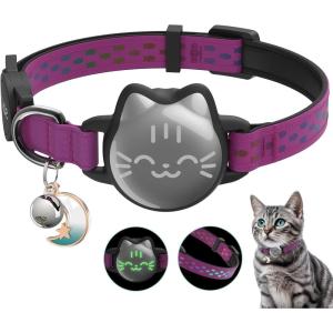 Waterproof Airtag Cat Collar, Breakaway Cat Airtag Collar with Luminous & Reflective Fish Pattern, Lightweight Kitten Collars for Apple Air tag, Hidden GPS Tracker Holder for Cats, Kittens(9-13″)(Rose)