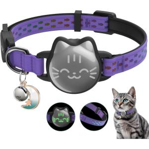 Waterproof Airtag Cat Collar, Breakaway Cat Airtag Collar with Luminous & Reflective Fish Pattern, Lightweight Kitten Collars for Apple Air tag, Hidden GPS Tracker Holder for Cats, Kittens(9-13″)(Regal Purple)