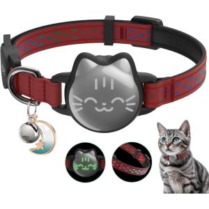 Waterproof Airtag Cat Collar, Breakaway Cat Airtag Collar with Luminous & Reflective Fish Pattern, Lightweight Kitten Collars for Apple Air tag, Hidden GPS Tracker Holder for Cats, Kittens(9-13″)(Red)