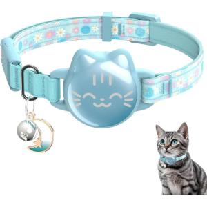 Waterproof Airtag Cat Collar, Breakaway Cat Airtag Collar with Luminous & Reflective Fish Pattern, Lightweight Kitten Collars for Apple Air tag, Hidden GPS Tracker Holder for Cats, Kittens(9-13″)(Floral Mint green)