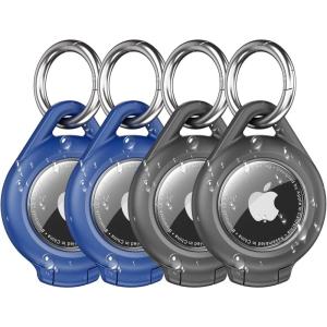 Waterproof Airtag Holder – 4 Pack Airtag Keychain Holder Compatible with Apple AirTags, Ultra Durable Anti-Scratches Protective Case with Keyring for Luggage, Backpack, Pet, Bag, Black/Green(Black/Blue)