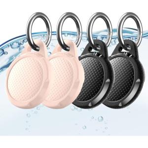 Waterproof Case for Airtag, 2 Pack Air tag Keychain Holder Compatible with Apple AirTags, Durable Anti-Scratches Protective Case with Keyring/Strap for Luggage, Backpack, Dog Collar, Black(Carbon Black/Pink(4 Pack))