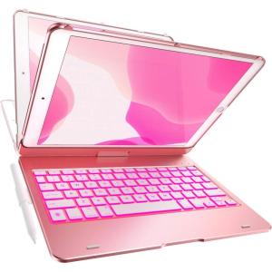 YEKBEE Case with Keyboard for iPad 9th Generation (10.2″, 2021) | 360° | 7 Modes | Backlit | 12 Colors | Thin, Light & Protective foriPad 9, 8th & 7th Gen, Air 3, Pro 10.5 with Pencil Holder(​​​​​​Rose Gold)