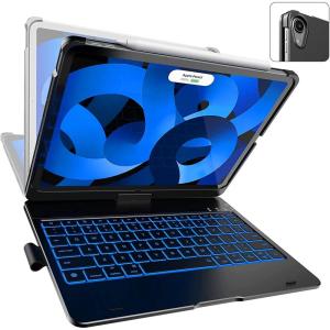 YEKBEE Case with Keyboard for iPad Air 5th Generation – 10.9″ 2022-360° Rotatable – 10 Colors Backlit – Slim & Thin – Smart Protective Cover with Pencil Holder for iPad Air 5th 4th Gen – Black
