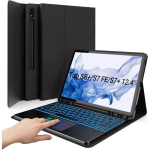 typecase Keyboard Case for Galaxy Tab S8 Plus – 12.4″ – 2022 – Smart Trackpad – Slim Keyboard with S Pen Holder – 7 Colors Backlight – Protective Stand Cover for Tab S7 FE 2021 & S7 Plus 2020 – Black