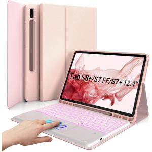 typecase Keyboard Case for Galaxy Tab S8 Plus – 12.4″ – 2022 – Smart Trackpad – Slim Keyboard with S Pen Holder – 7 Colors Backlight – Protective Stand Cover for Tab S7 FE 2021 & S7 Plus 2020 – Pink