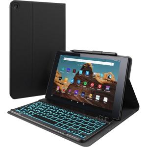typecase Keyboard for Kindle Fire HD 10-2021 – (11th Generation, 10.1 inch) – Slim Keyboard Cover – 7 Colors Backlit – Detachable Wireless Keyboard for Fire HD 10 Plus, Prestige Elite 10QS – Black
