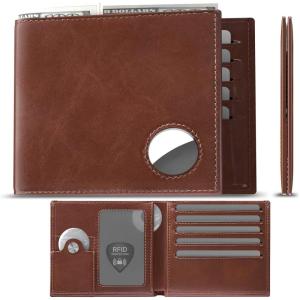 typecase Mens Leather Wallet with AirTag Holder: Hidden Pocket Compatible with Apple Air Tag,Top Grain Leather, Bifold, Slim, RFID Blocking – 10 Card Capacity | Bill Divider | ID Window (Black)(​​​Oil Wax Brown)