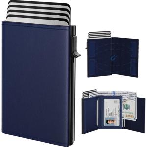 typecase Mens Wallet Card Holder: Pop Up Aluminum Case, Genuine Leather, Smart, RFID Blocking, Slim, Minimalist, Front Pocket – 9-14 Card Capacity | ID Window | Cash Slot (Black Brown)(‏‏‎ ‎‏‏‎ ‎‏‏‎ ‎‏‏‎ ‎‏‏‎ ‎Navy)