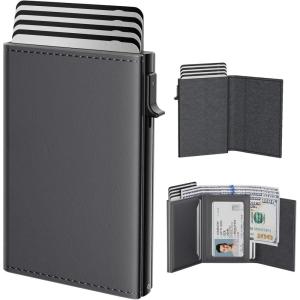 typecase Mens Wallet Card Holder: Pop Up Aluminum Case, Genuine Leather, Smart, RFID Blocking, Slim, Minimalist, Front Pocket – 9-14 Card Capacity | ID Window | Cash Slot (Black Brown)(Deep Grey)