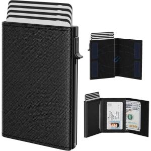 typecase Mens Wallet Card Holder: Pop Up Aluminum Case, Genuine Leather, Smart, RFID Blocking, Slim, Minimalist, Front Pocket – 9-14 Card Capacity | ID Window | Cash Slot (Black Brown)(‎ ‎Cross Black)