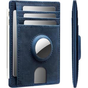 typecase Slim Minimalist Airtag Card Wallet for Men, Front Pocket Premium Crazy Horse Leather Wallet with Airtag Holder, RFID Blocking Cash Credit Card Wallet Compatible with AirTag (Black)(Blue)