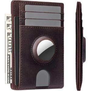 typecase Slim Minimalist Airtag Card Wallet for Men, Front Pocket Premium Crazy Horse Leather Wallet with Airtag Holder, RFID Blocking Cash Credit Card Wallet Compatible with AirTag (Black)(Dark Brown)
