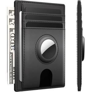 typecase Slim Minimalist Airtag Card Wallet for Men, Front Pocket Premium Crazy Horse Leather Wallet with Airtag Holder, RFID Blocking Cash Credit Card Wallet Compatible with AirTag (Black)(Black)