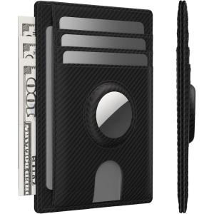 typecase Slim Minimalist Airtag Card Wallet for Men, Front Pocket Premium Crazy Horse Leather Wallet with Airtag Holder, RFID Blocking Cash Credit Card Wallet Compatible with AirTag (Black)(Carbon Fiber Black)