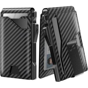 typecase Tactical Wallet for Men Card Holder: Pop Up Card Case, Genuine Leather, Smart, RFID Blocking, Slim, Minimalist, Thin, Front Pocket – 9-13 Card Capacitiy, ID Window, Money Clip (Brown)(Carbon Fiber)