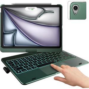 typecase Touch Keyboard Case with Trackpad for iPad Air 11-inch (M3 2025 / M2 2024): 360°Rotatable – 11 Colors Backlight – Wireless Keyboard with Pencil Holder for iPad Air 5th & 4th Gen,Space Gray(Midnight Green)