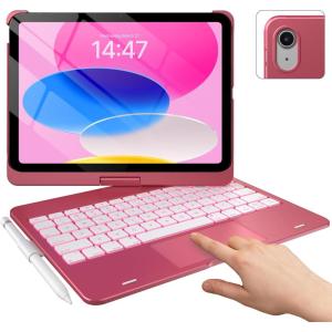 typecase Touch iPad 11th 10th Generation Case with Keyboard (11″ 2025, A16 & 10.9″ 2022) – 360° Rotatable, 11-Color Backlit, Multi-Touch Trackpad, Pencil Holder, Thin & Light – Black(Pink)