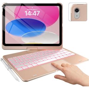 typecase Touch iPad 11th 10th Generation Case with Keyboard (11″ 2025, A16 & 10.9″ 2022) – 360° Rotatable, 11-Color Backlit, Multi-Touch Trackpad, Pencil Holder, Thin & Light – Black(Rose Gold)
