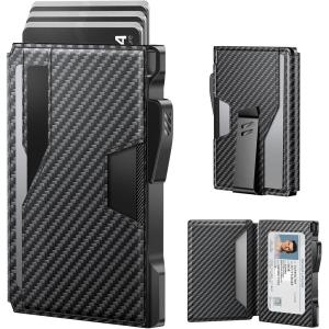 typecase Wallet for Men: Rfid Blocking Wallet 9-13 Card Capacity with Money Clip Slim Leather Front Pocket Smart Pop Up Card Case Bifold Minimalist Wallet with Gift Box – Atlanta Black(Carbon Fiber Black)