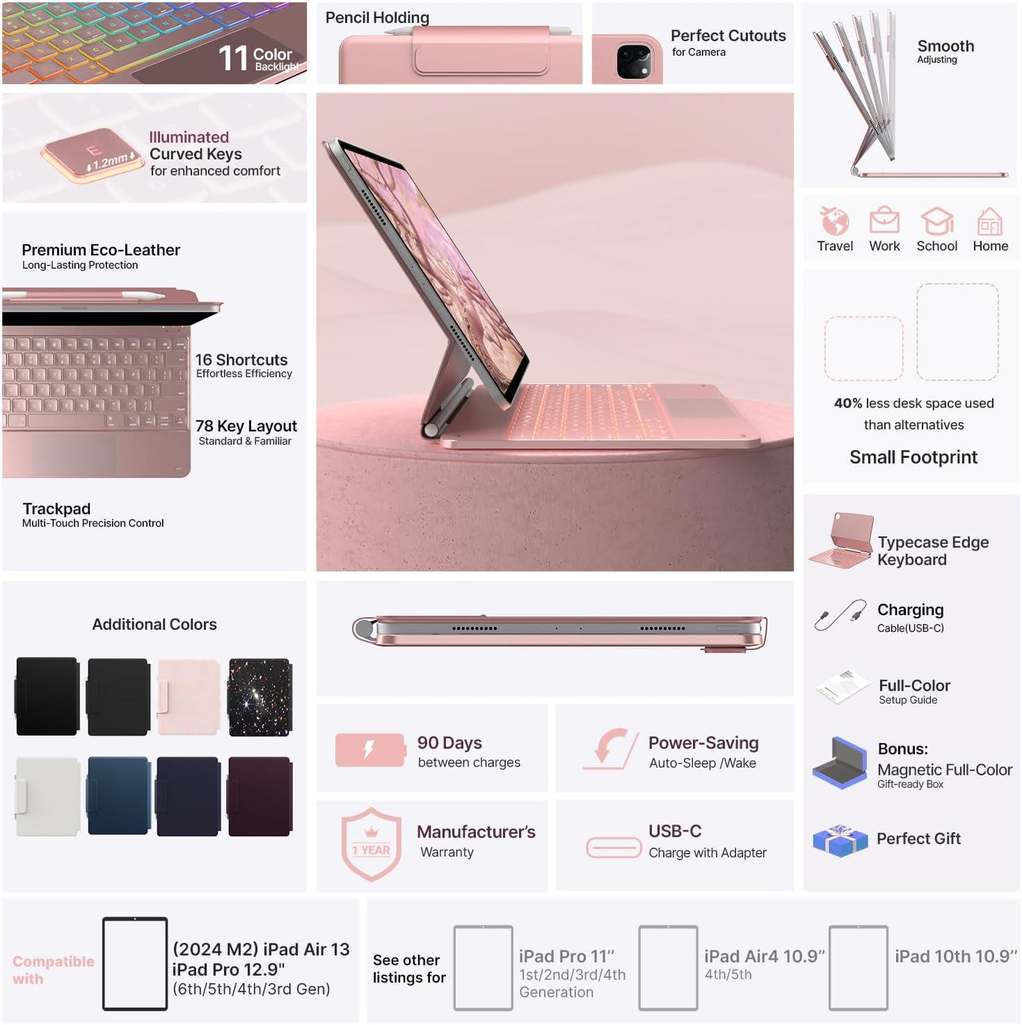 image:imagetypecase Edge Keyboard Case for iPad Air 13inchM3M2 20252024 amp iPad Pro 1296th5th4th3rd Gen Magic Keyboard with 11Color Backlight MultiTouch Trackpad Pencil Holder Midnight AmethystRose Gold