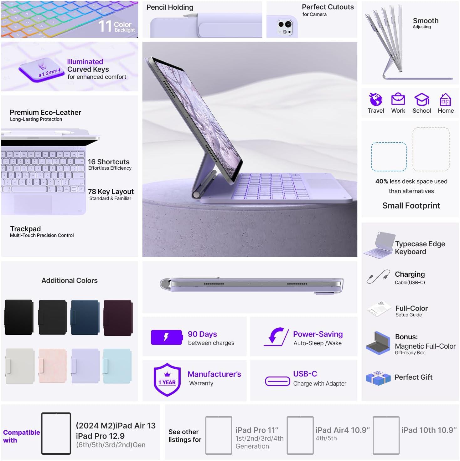 image:imagetypecase Edge Keyboard Case for iPad Air 13inchM3M2 20252024 amp iPad Pro 1296th5th4th3rd Gen Magic Keyboard with 11Color Backlight MultiTouch Trackpad Pencil Holder Midnight AmethystLight Purple