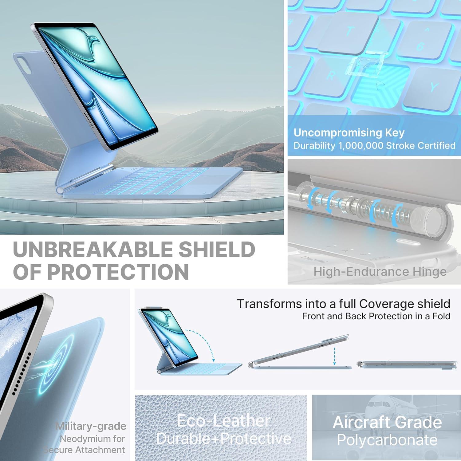 image:imagetypecase Edge Keyboard Case for iPad Air 13inchM3M2 20252024 amp iPad Pro 1296th5th4th3rd Gen Magic Keyboard with 11Color Backlight MultiTouch Trackpad Pencil Holder Midnight AmethystLight Blue