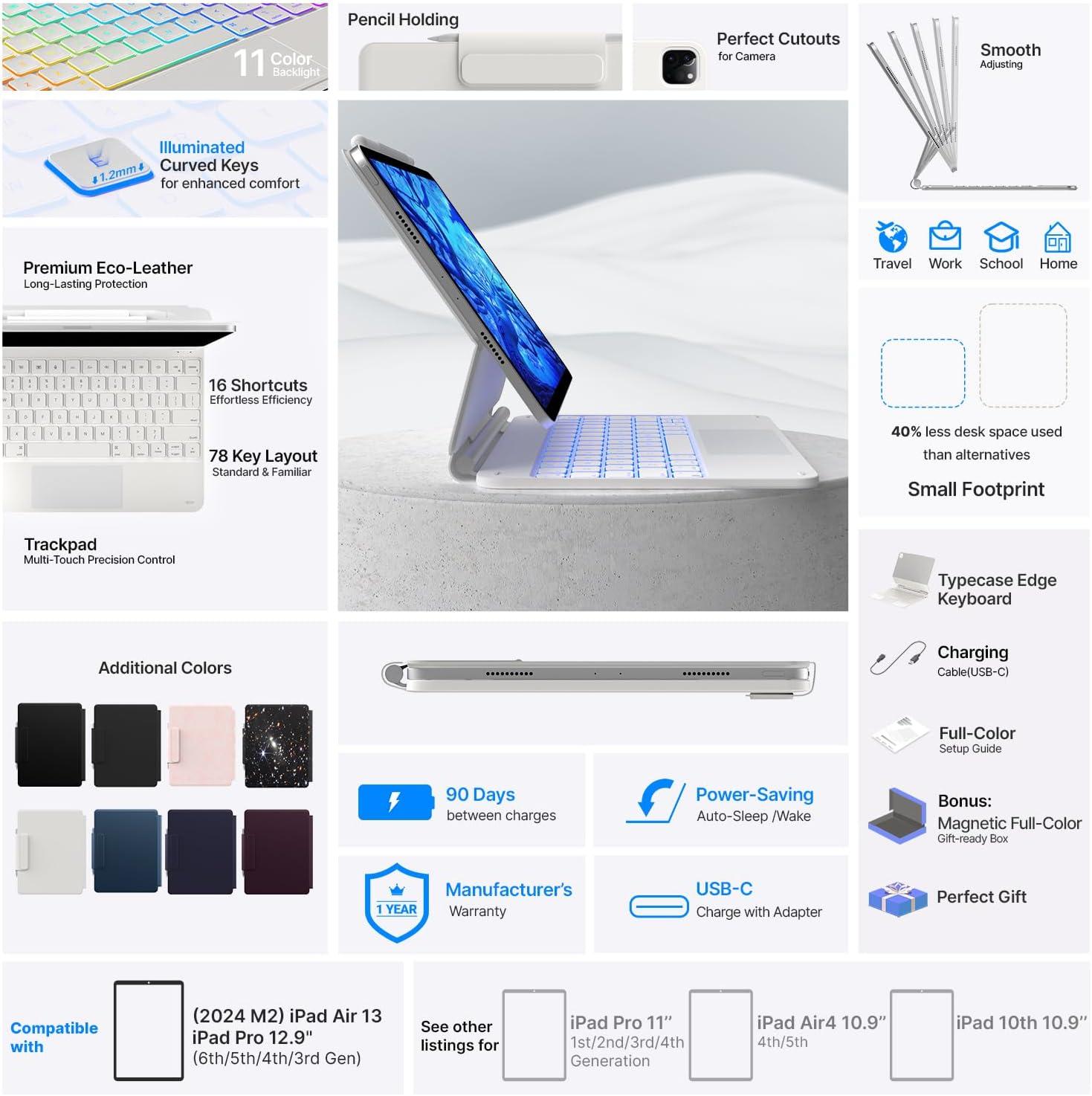 image:imagetypecase Edge Keyboard Case for iPad Air 13inchM3M2 20252024 amp iPad Pro 1296th5th4th3rd Gen Magic Keyboard with 11Color Backlight MultiTouch Trackpad Pencil Holder Midnight AmethystPure White